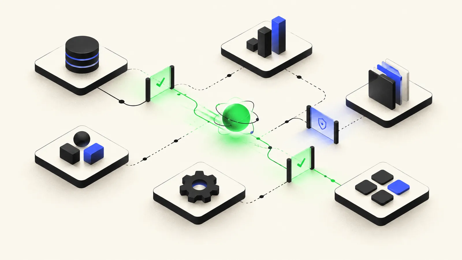 Illustration of an AI agent moving between SaaS modules along guarded paths with approval gates
