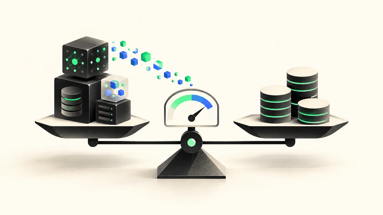Illustration of a balance weighing AI model and data blocks against a budget, with tokens flowing into a meter