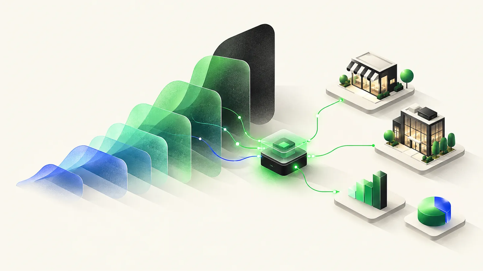 Illustration of a wave of AI models with an orchestration hub routing work to business functions