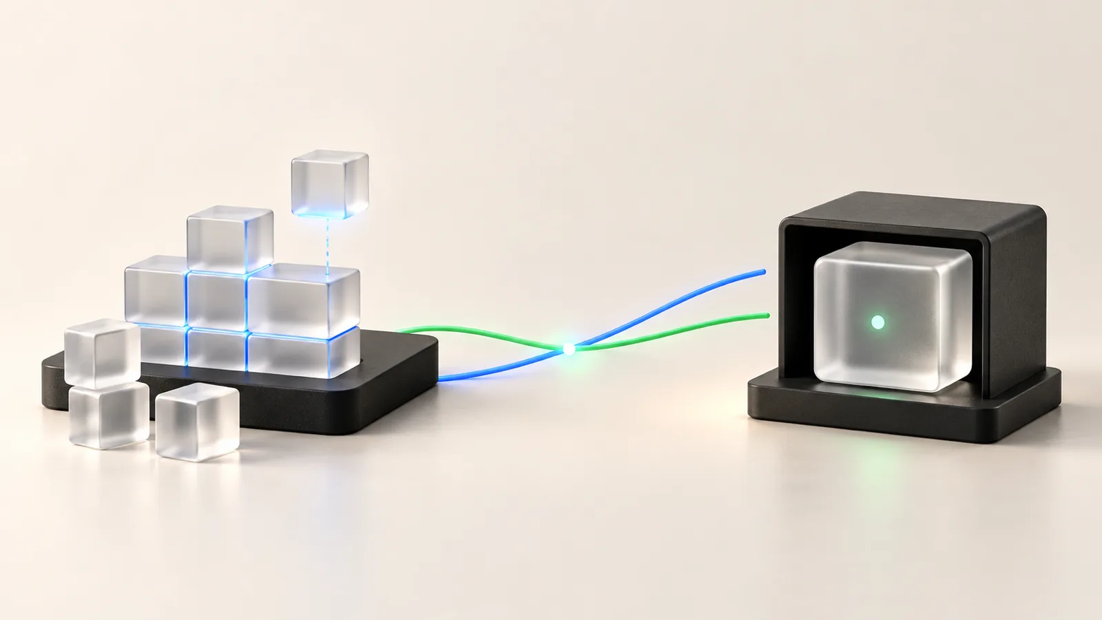 Illustration of a half-built stack of glass cubes on a workbench beside a sealed cube in a black box, with a blue and a green line crossing between them