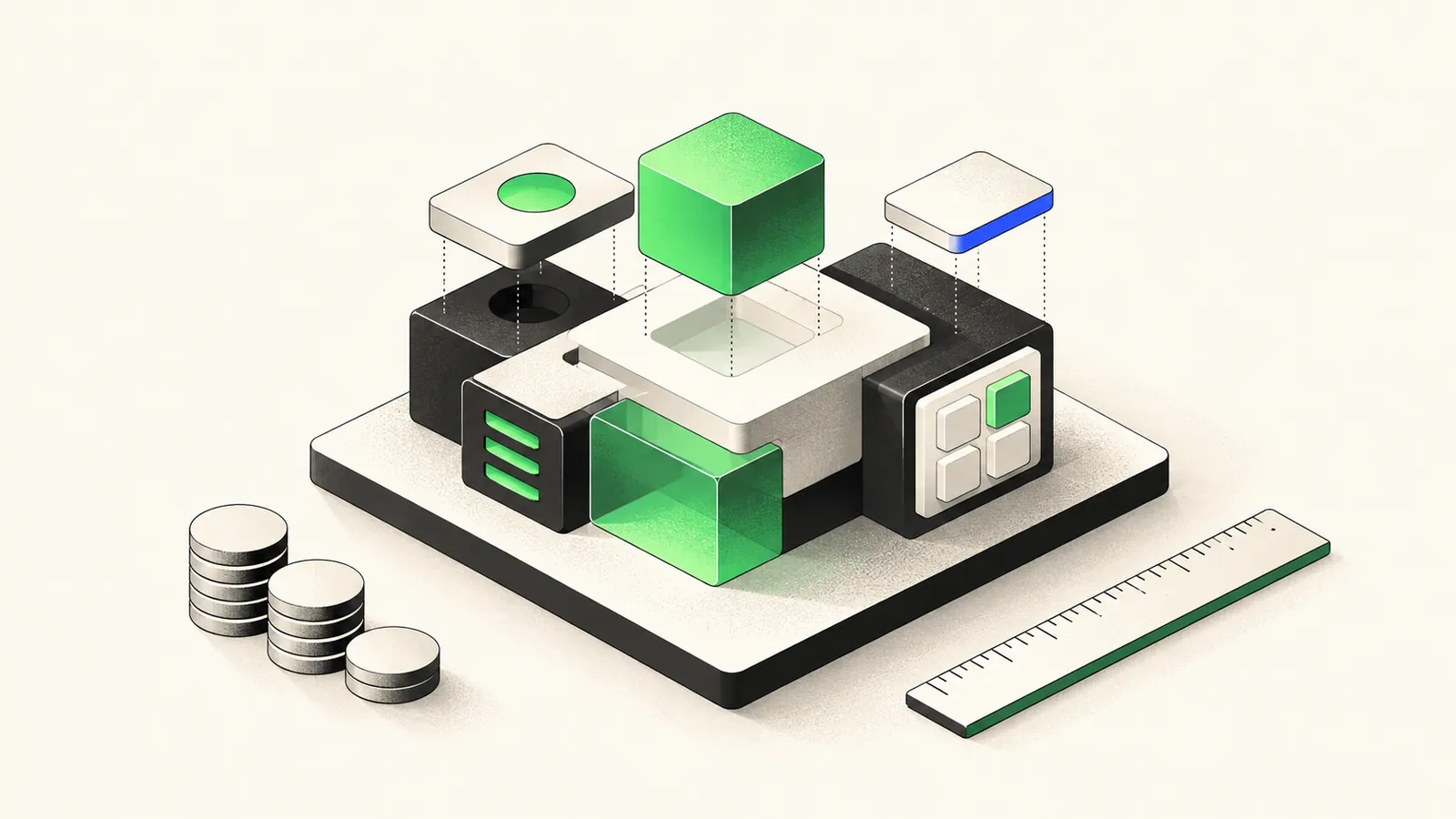 Illustration of a SaaS MVP assembled from modular blocks next to coins and a ruler for estimating cost