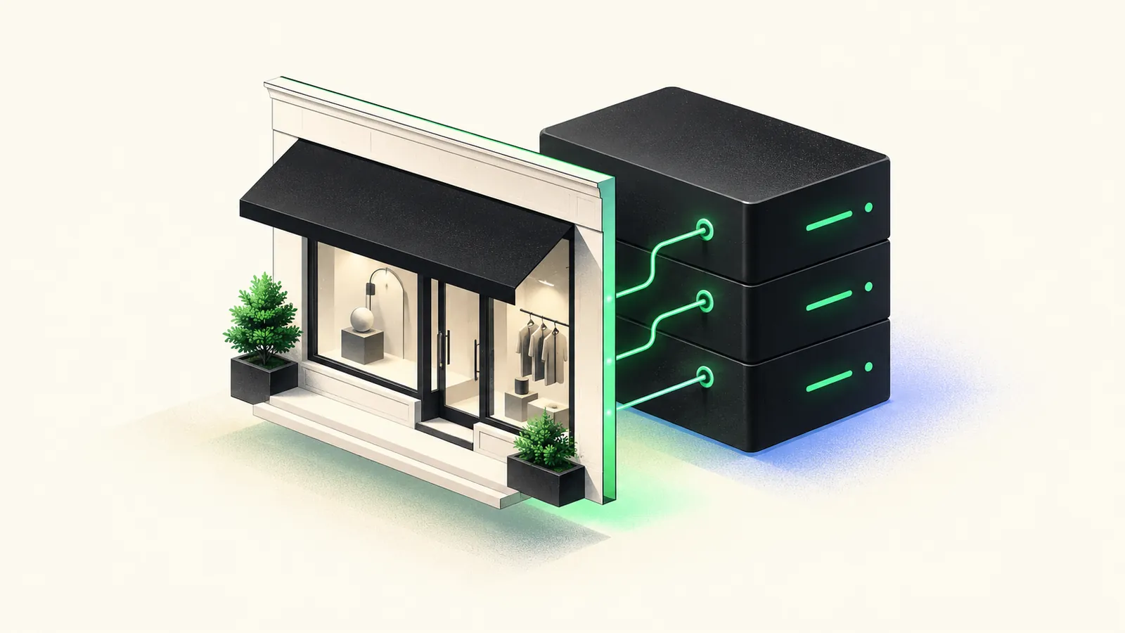 Illustration of a headless storefront panel connected by API lines to a separate commerce engine