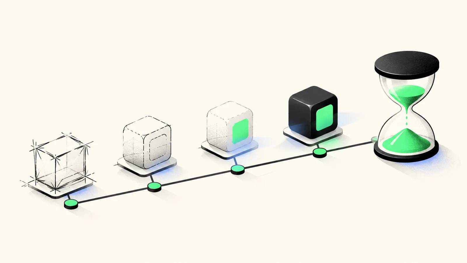 Illustration of a product moving along a timeline from sketch to finished form beside an hourglass