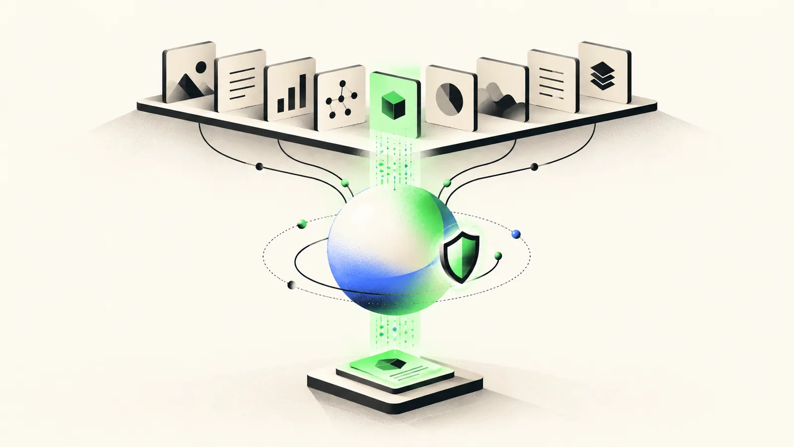 Illustration of an AI assistant retrieving the right knowledge card from a library, protected by a shield