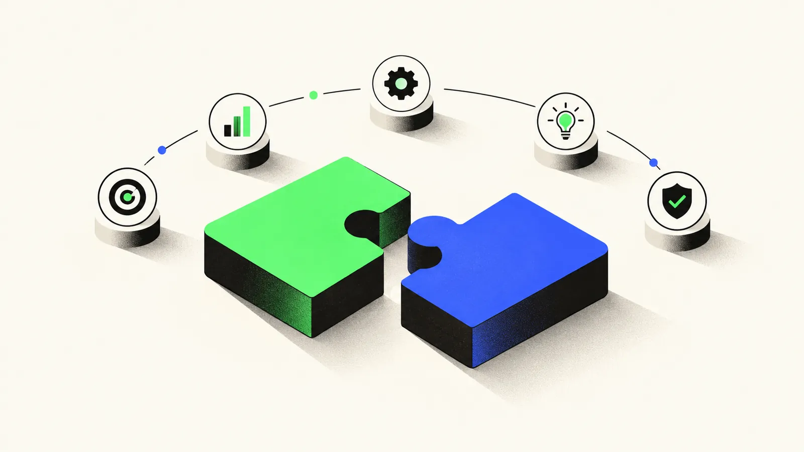 Illustration of two matching pieces fitting together beside evaluation markers, representing choosing a development partner