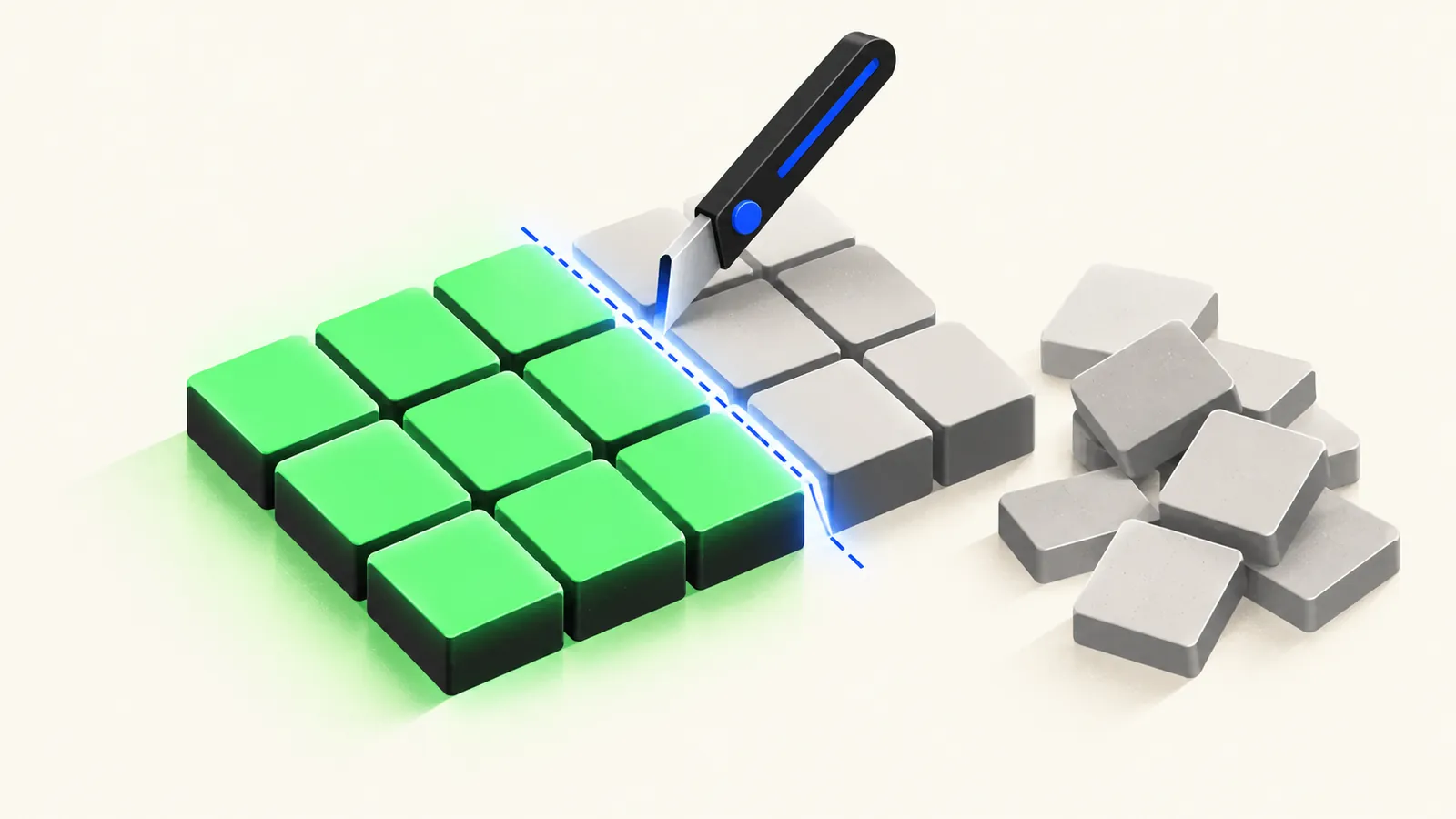 Illustration of a feature set trimmed down to a glowing core of essential tiles, with extras set aside