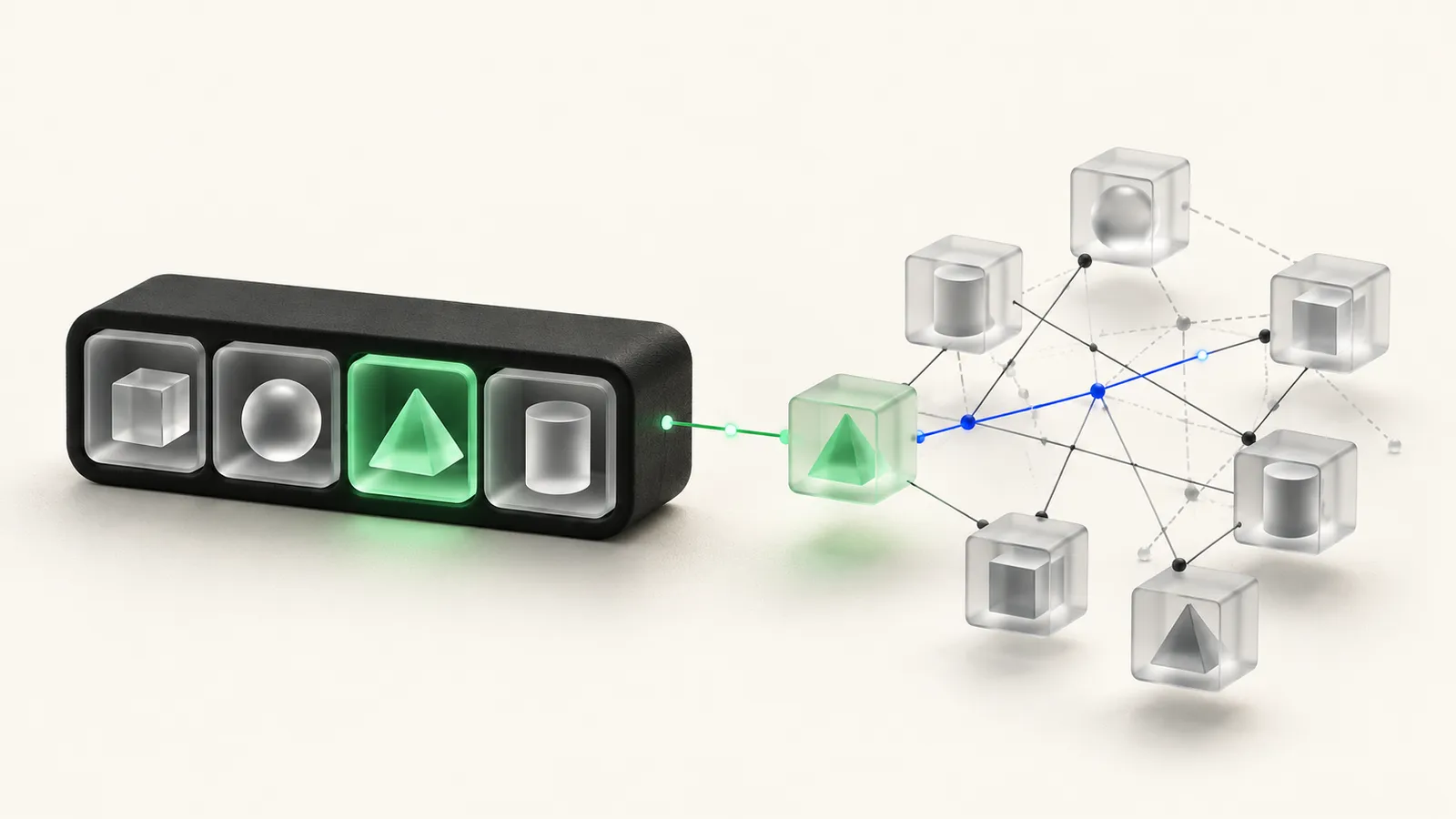 Illustration of a black monolith with four glass module compartments, one module lifted out into its own box and wired into a tangled network of small service boxes