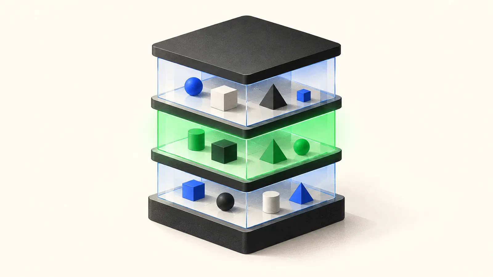 Illustration of a shared multi-tenant building where each tenant floor is sealed by a glowing isolation barrier