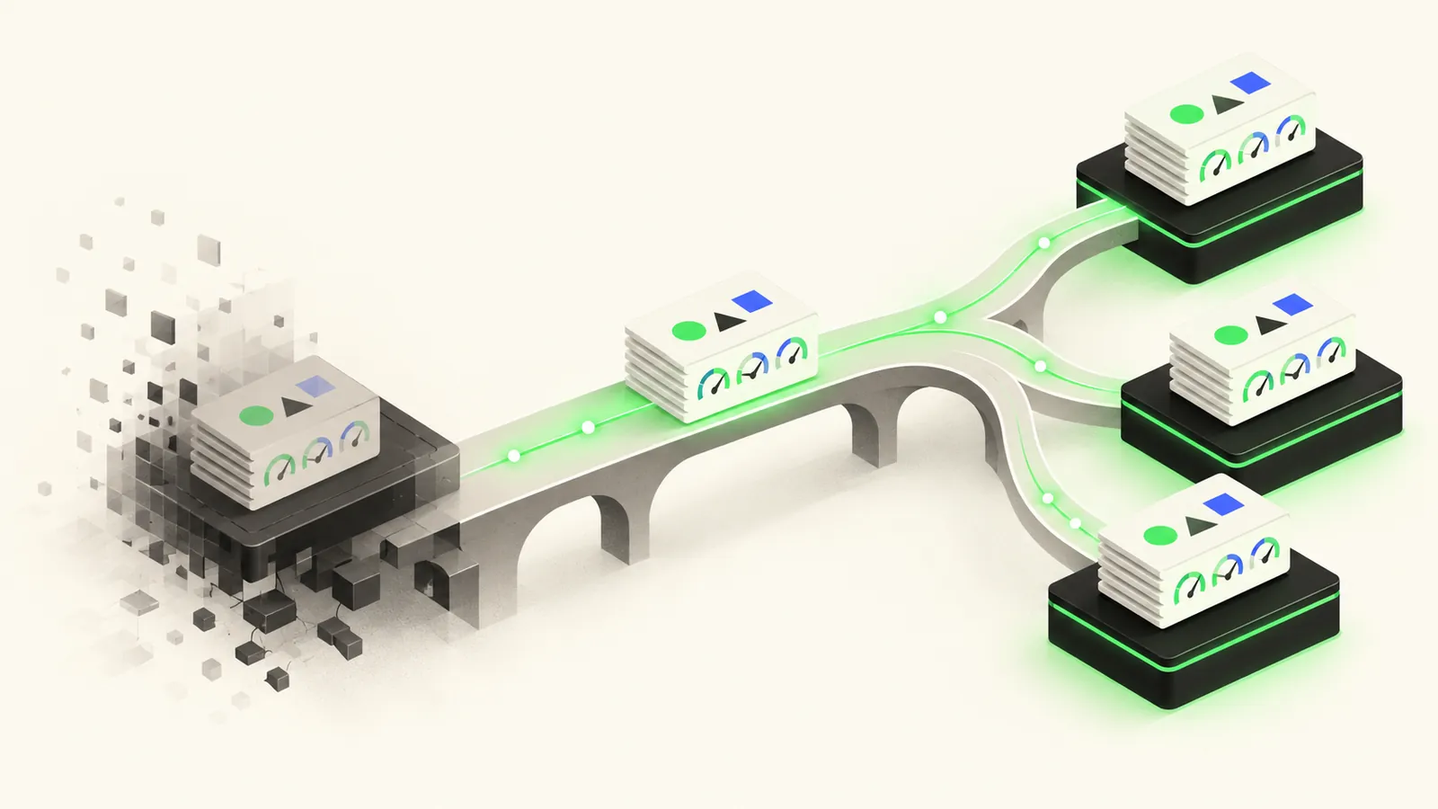 Illustration of eval test cards and grader gauges crossing a bridge from a dissolving platform to three new platforms