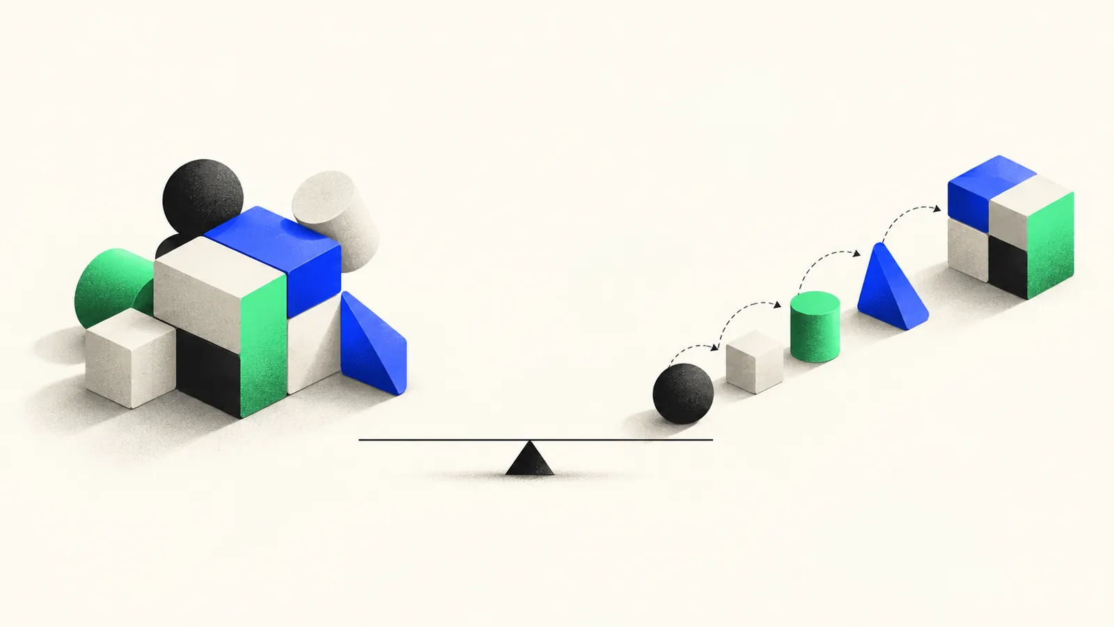 Illustration comparing a cohesive studio team building a product with individual hires added one by one