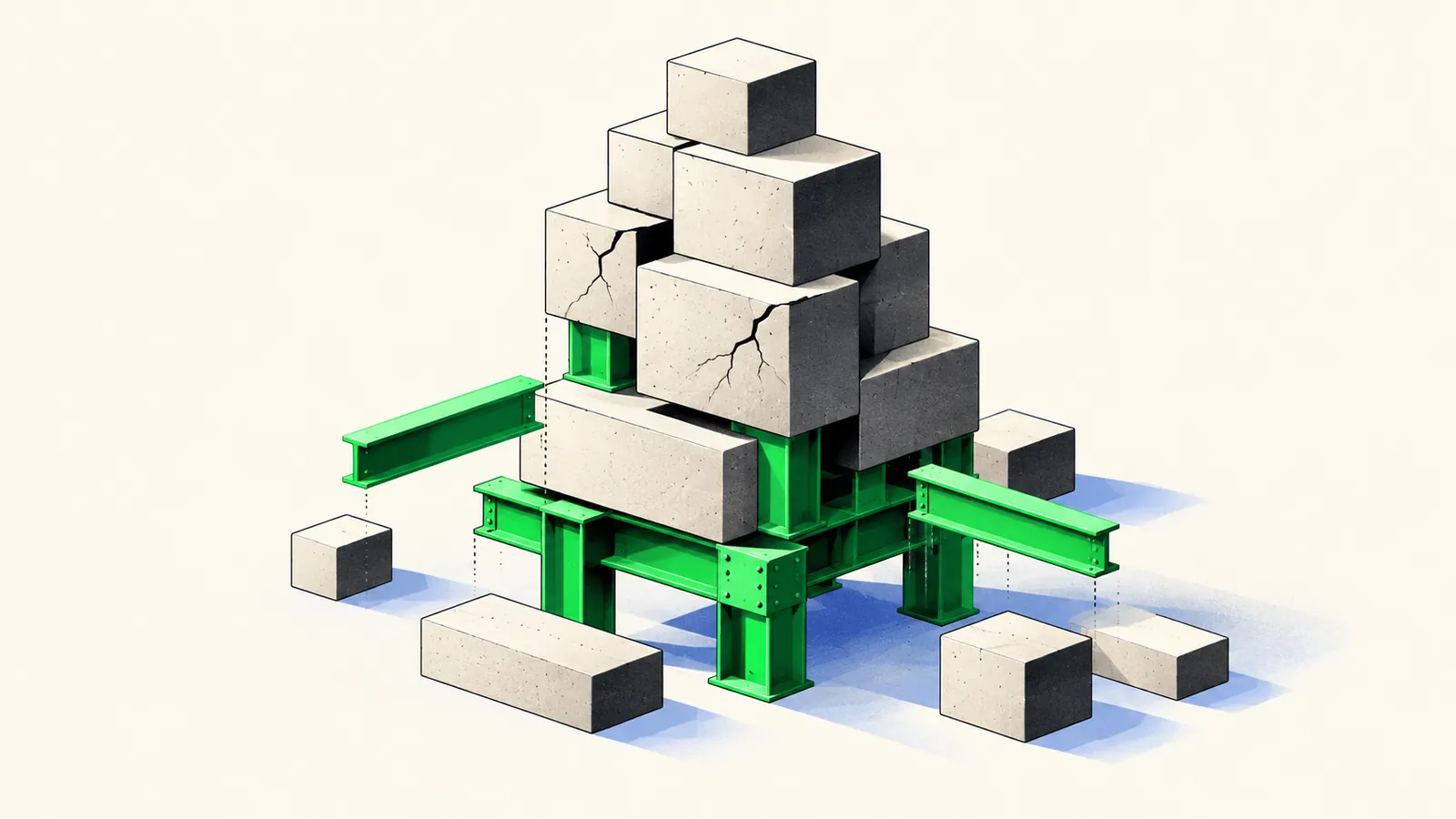 Illustration of a growing structure being reinforced with new beams beneath it as load increases