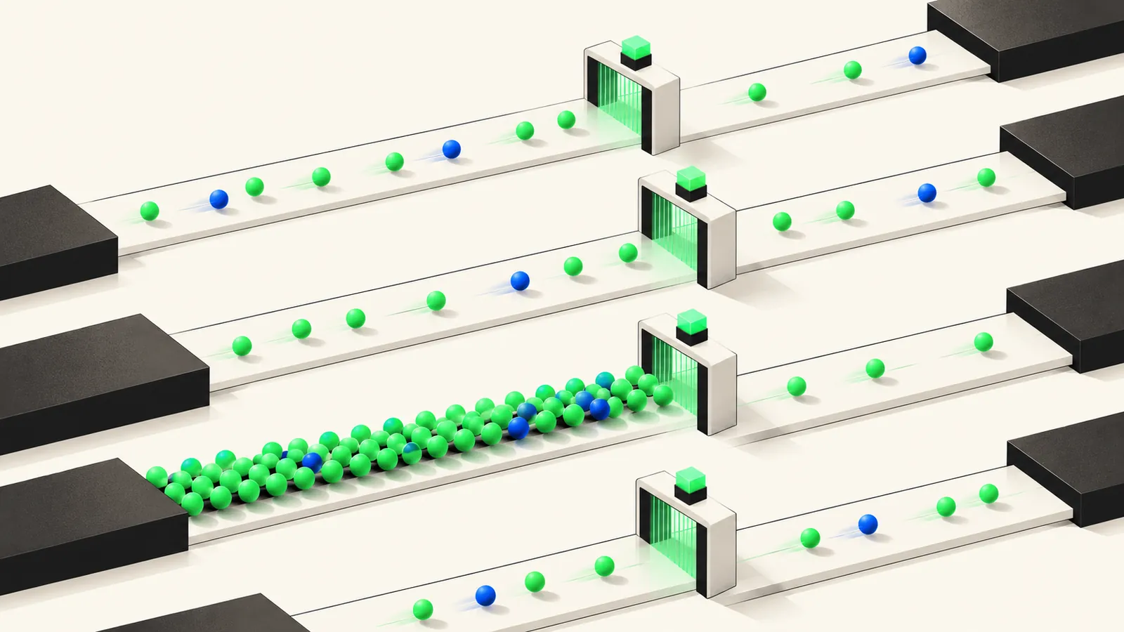 Illustration of request lanes passing through metered gates, with one busy lane throttled while others flow