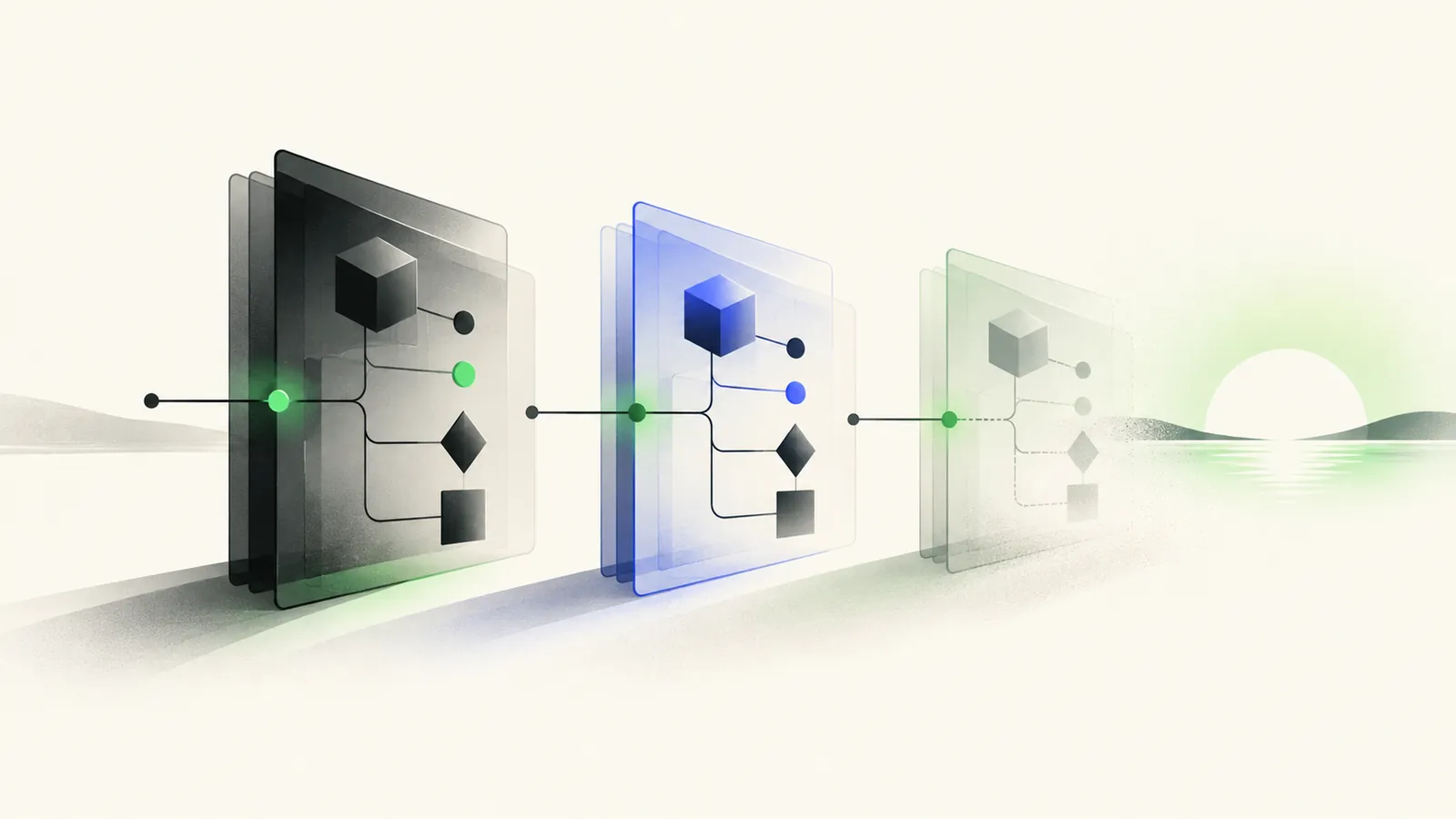 Illustration of three versioned API contract panels on a timeline, the oldest fading toward a sunset horizon