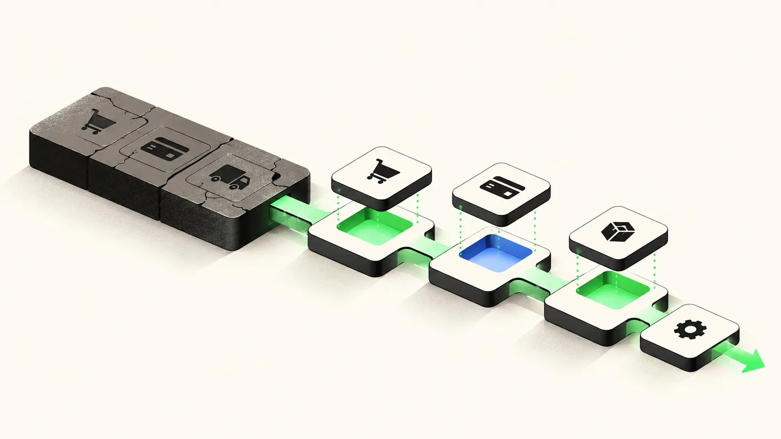 Illustration of a checkout path where old tiles are replaced by modular snap-in extensions