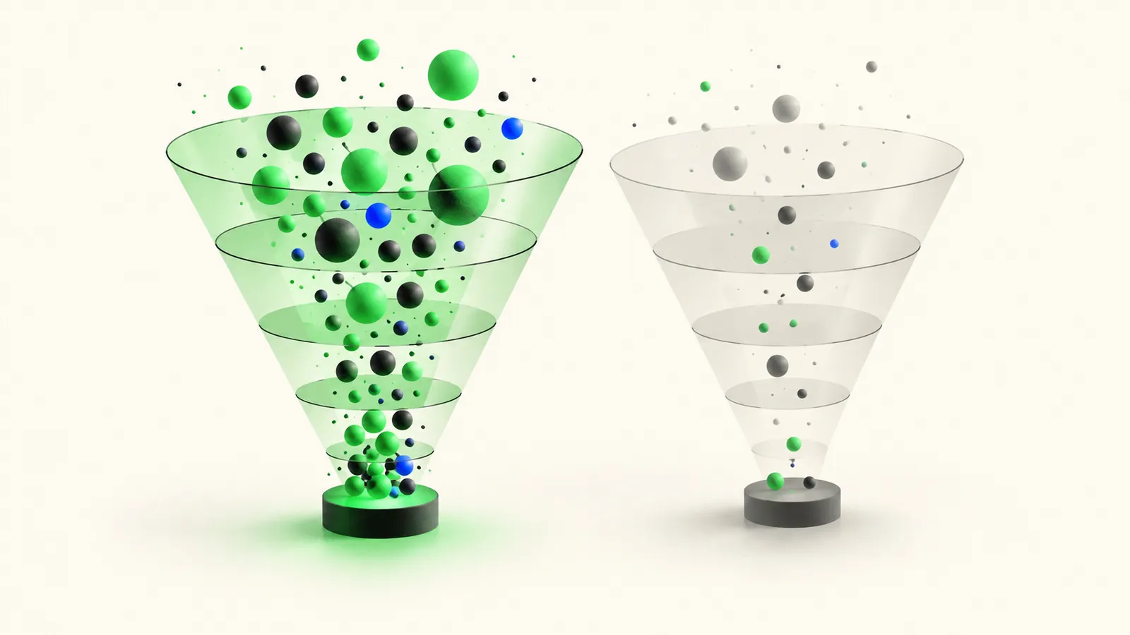 Illustration of an improved conversion funnel delivering more visitors to the bottom than a faded original