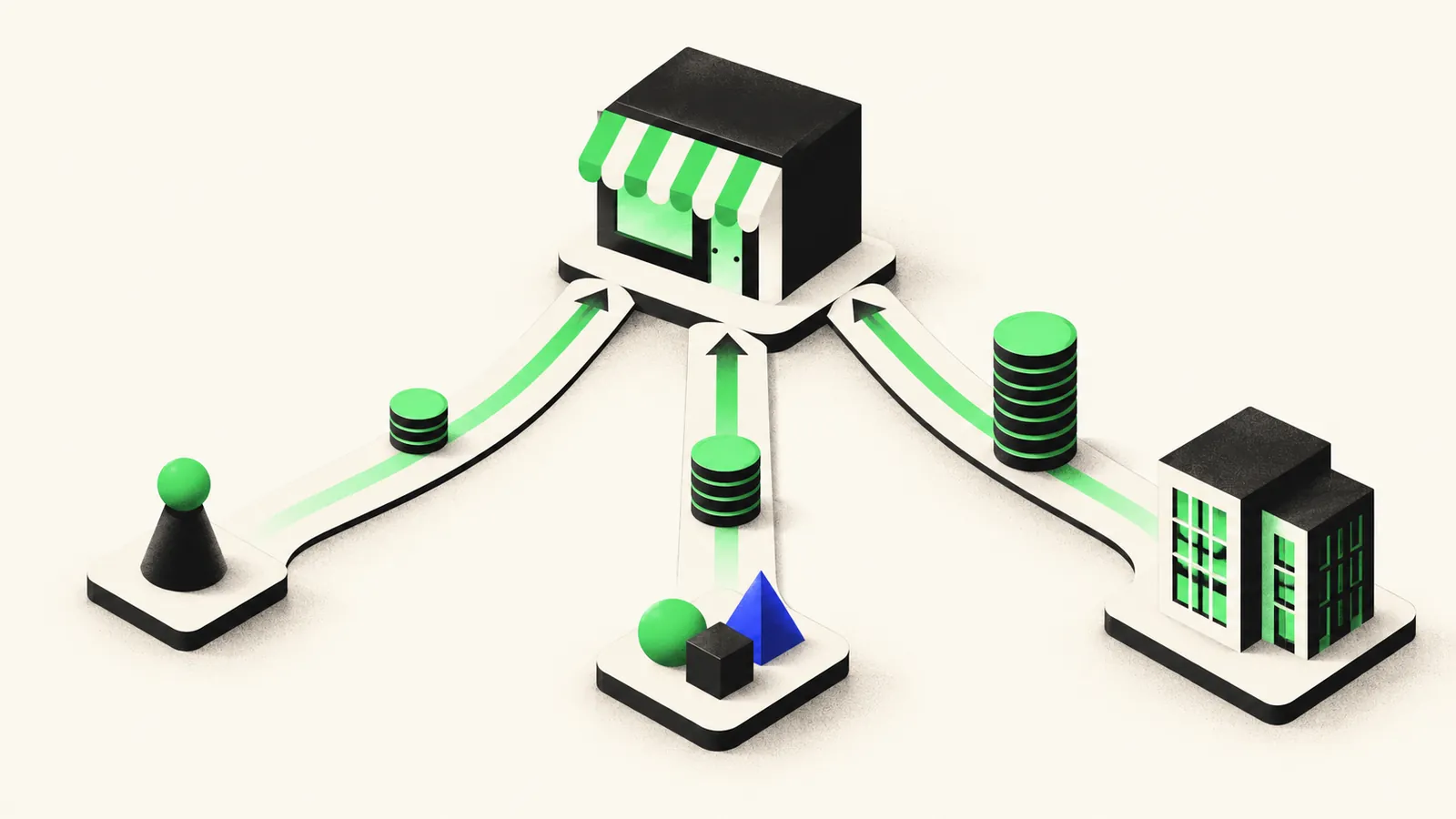 Illustration of three hiring paths leading to one storefront, each with a different cost stack