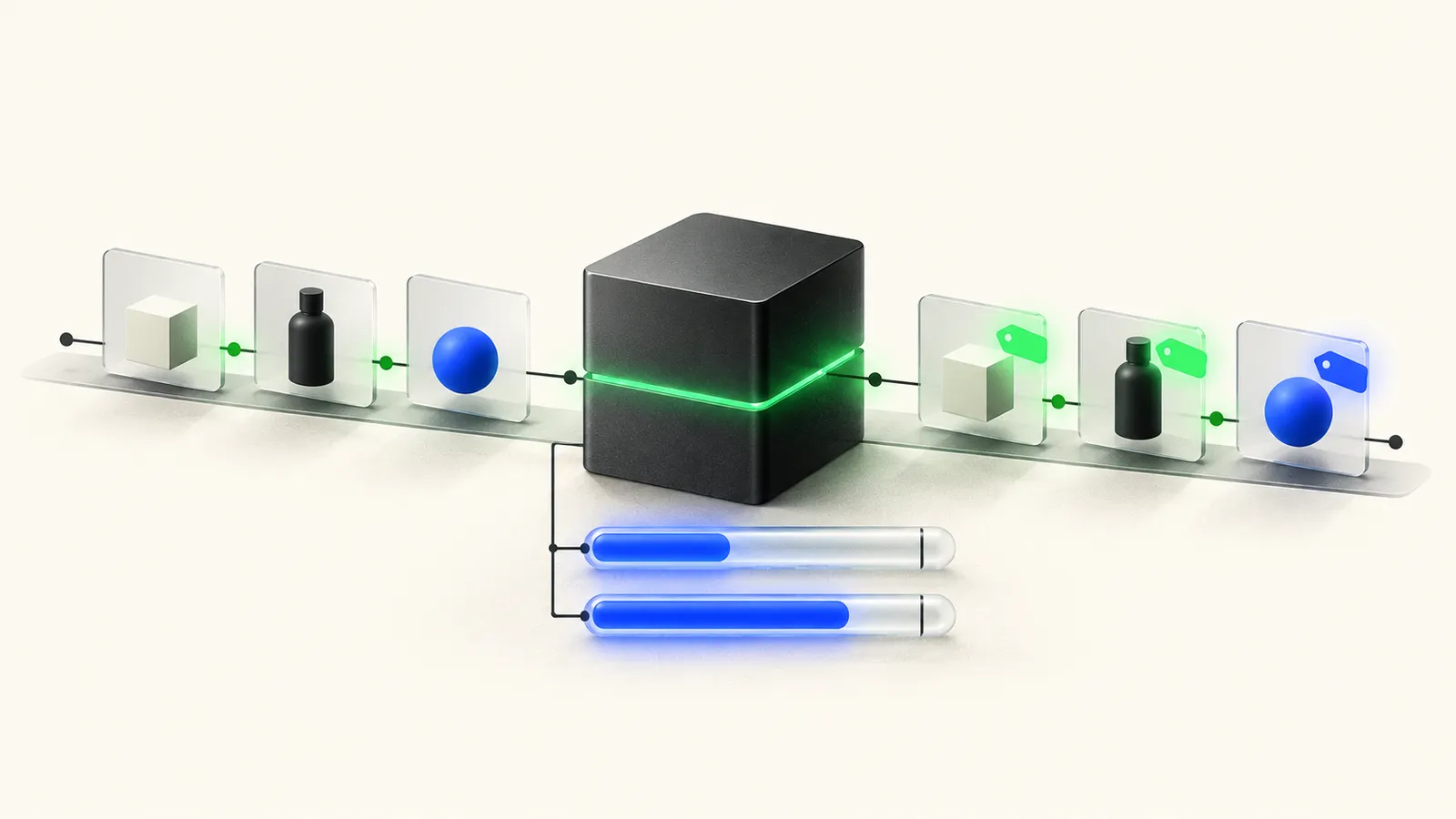 Illustration of cart line items passing through a black WebAssembly module and leaving with discount tags, above two instruction budget gauges stopping short of a limit line