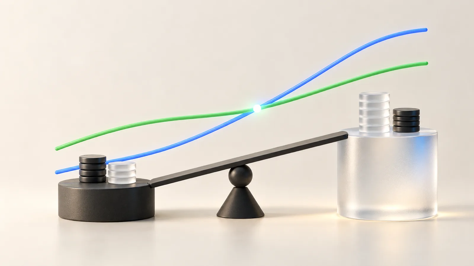 Illustration on a cream background of a small matte black pedestal and a taller frosted glass pedestal joined by a tilted plank on a cone fulcrum, with coin stacks on each pedestal and a blue line and a green line crossing at a glowing break-even point