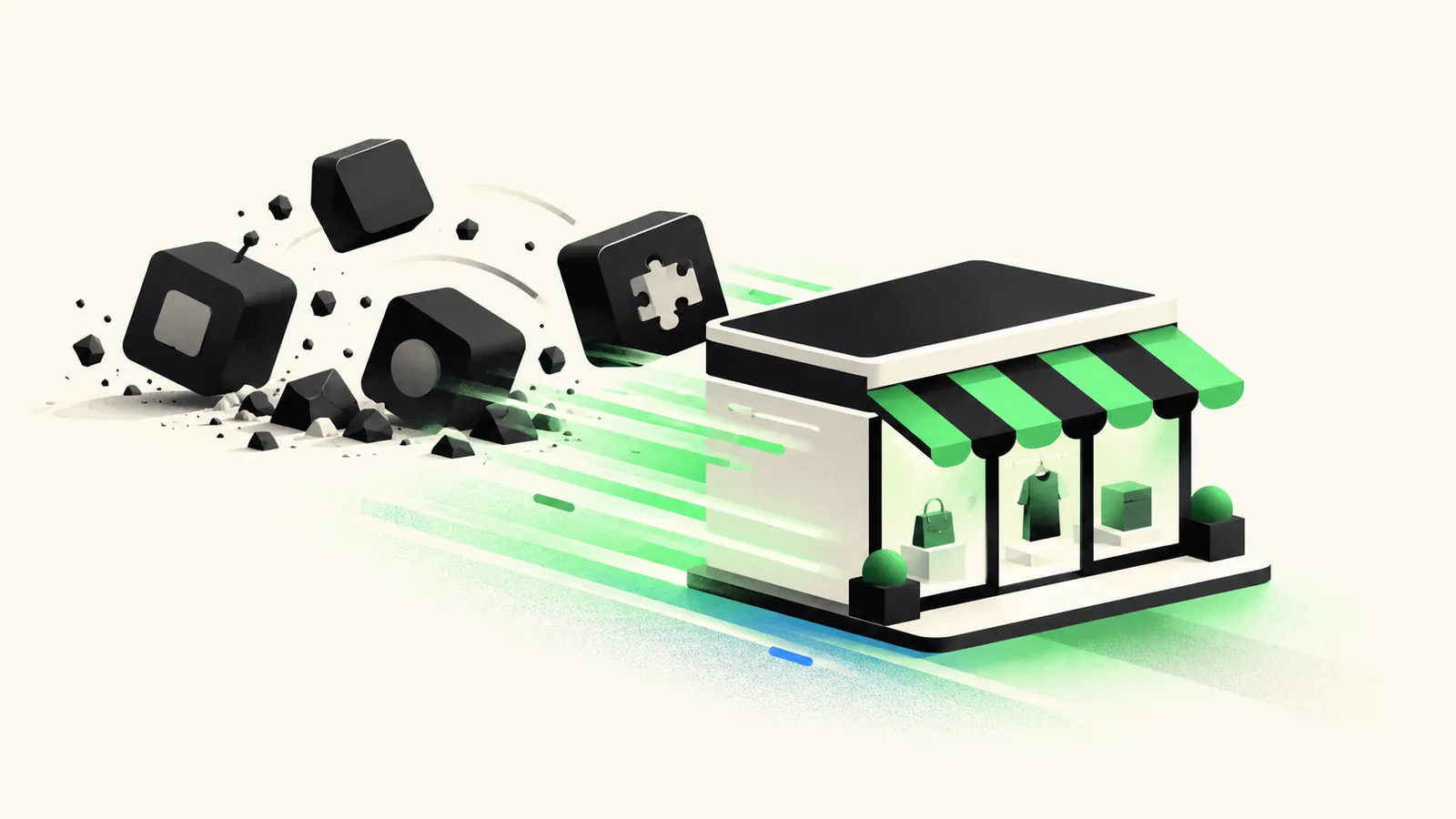 Illustration of a storefront speeding up as heavy app blocks are dropped behind it