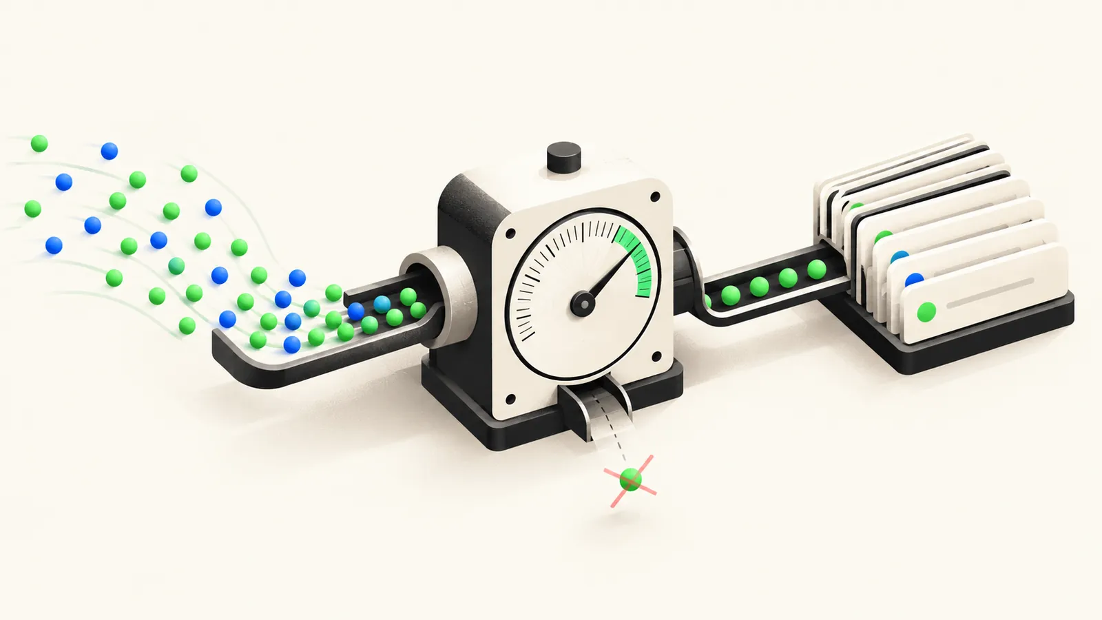 Illustration of usage events flowing through a meter into a ledger, with a duplicate event filtered out