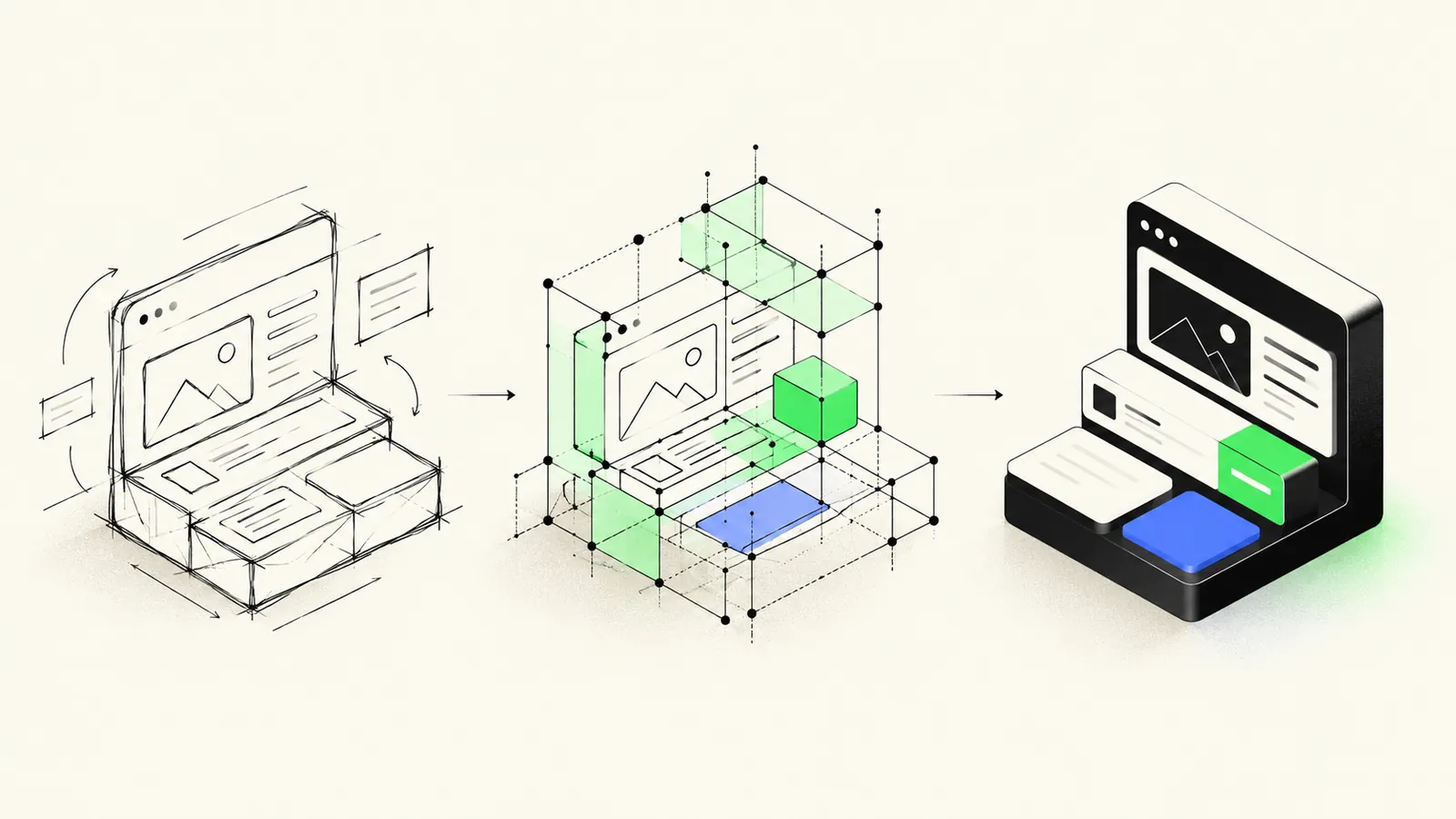 Illustration of a loose sketched prototype being rebuilt into a solid production system with scaffolding
