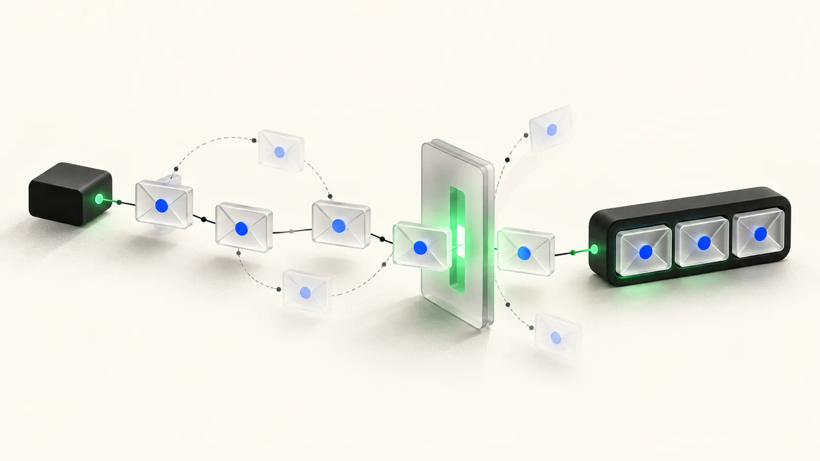 Illustration of envelopes leaving a sender, duplicates looping back on dashed retry arcs, and a glass gate that lets one copy of each through to a receiver tray while duplicates bounce away