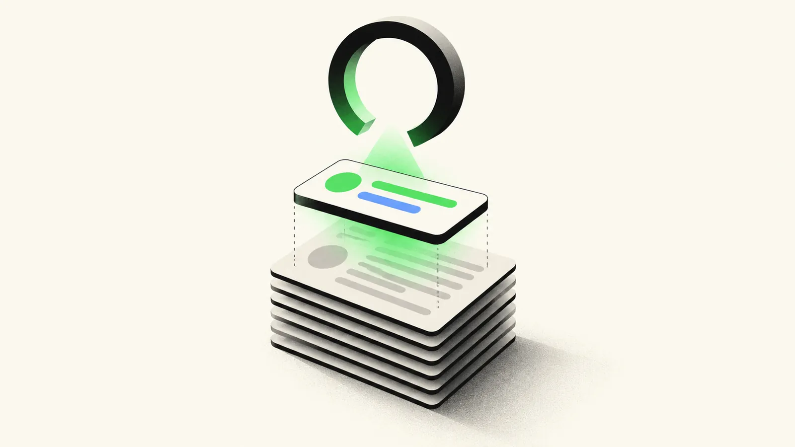 Illustration of a single clear answer card lifted from a stack of documents to answer a question