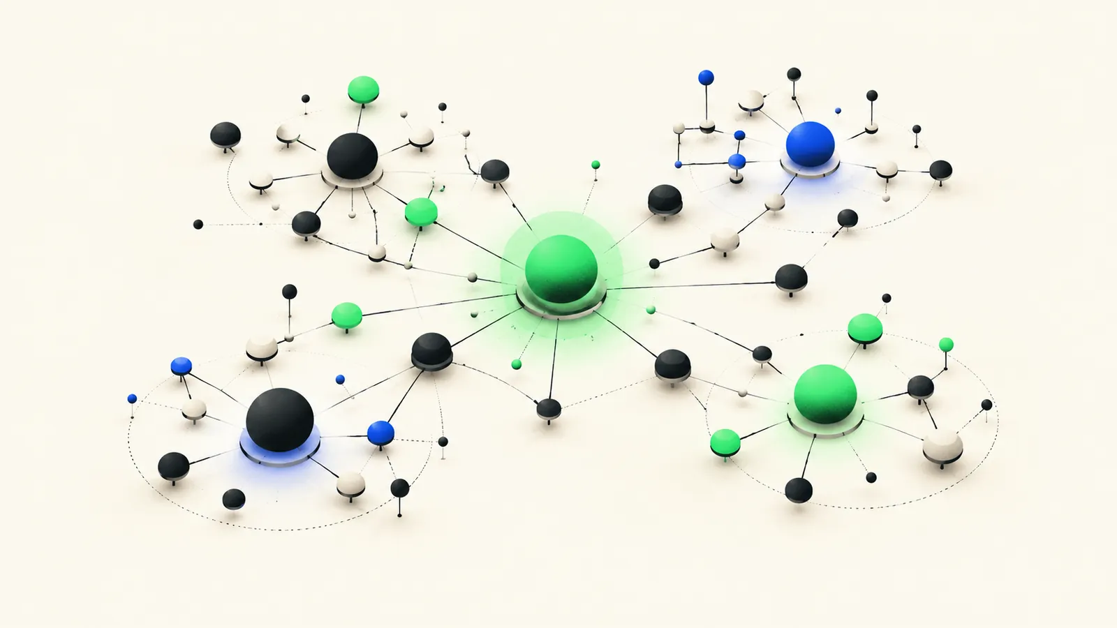 Illustration of an entity graph with topic clusters around a glowing central authority node