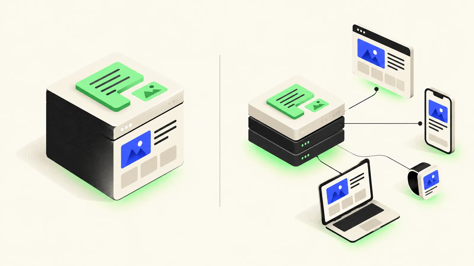 Illustration comparing an all-in-one CMS block with a headless content block feeding separate front ends